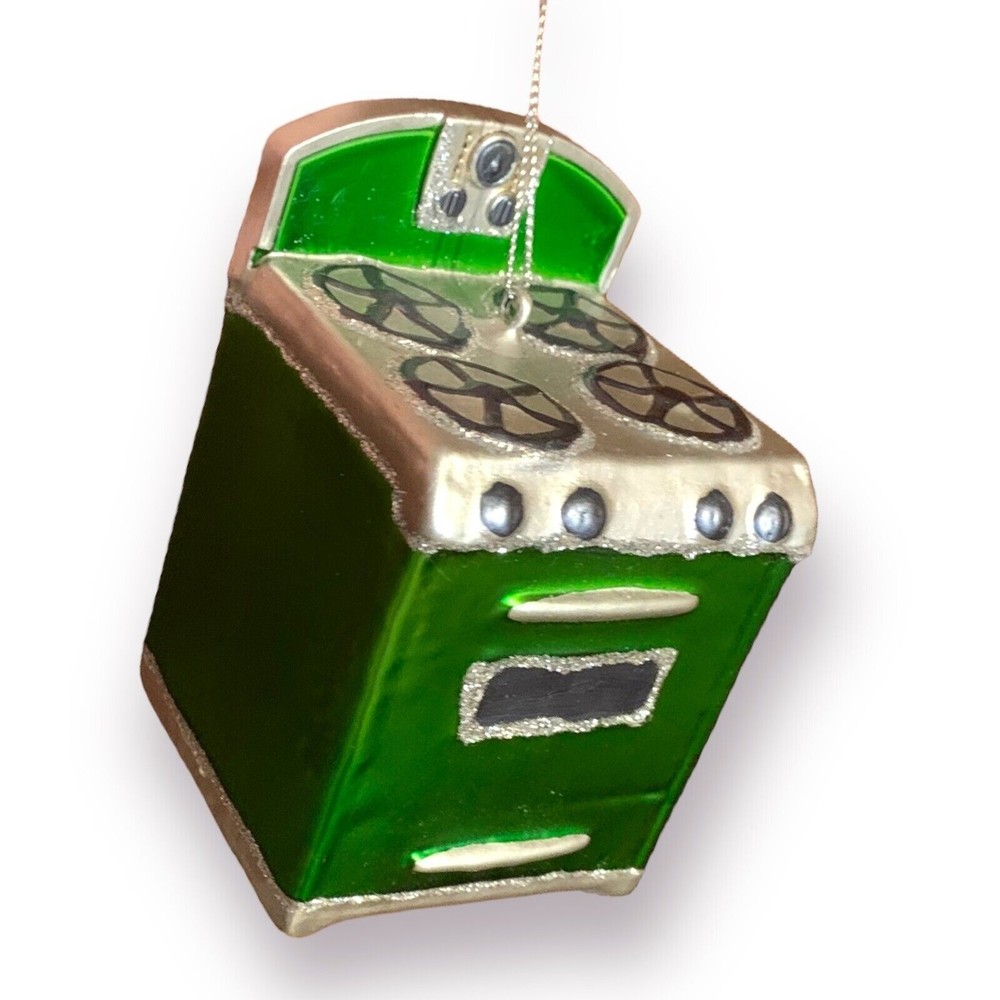 Blown Glass Green Silver Kitchen Stove Oven Christmas Ornament - Chef Cook Baker